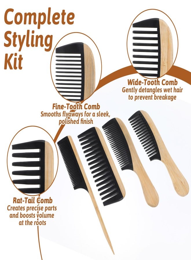 MBAIYO 4 Pcs Natural Handmade Bamboo Hair Combs Set, Wide Tooth Fine Tooth Rat Tail Wooden Combs for Women Men Anti-Static for All Hairstyles and Beard - Image 2